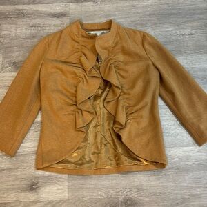 Anthropologie Tabitha Women's Beige Tan Wool Blend Ruffle Front Blazer Size 0